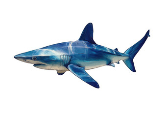 Fototapeta premium Striking blue shark illustration in a marine setting on a plain dark background