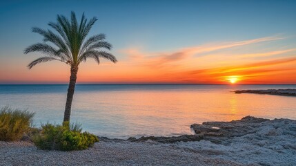 Serene coastal sunrise with a solitary palm tree.