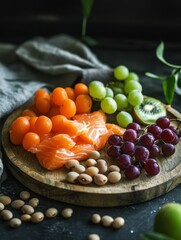detailed picture of legumes fruit and salmon pieces on a wooden plate
