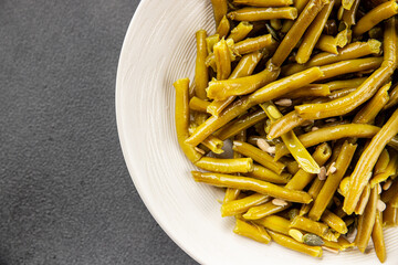 Green beans canned vegetables green string beans fresh delicious gourmet food background on the table rustic food top view copy space keto and paleo diet vegan and vegetarian food