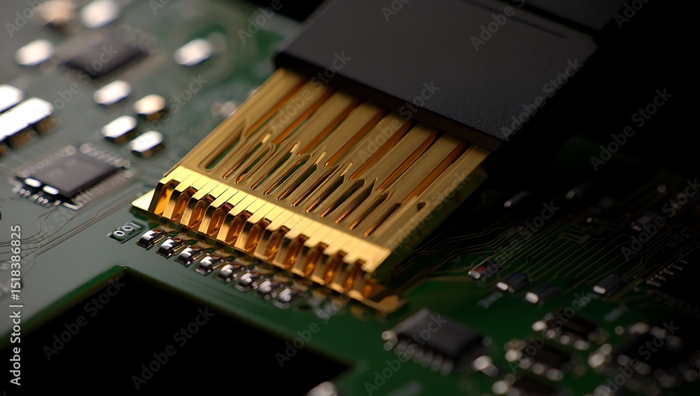 Poster high-resolution close-up of a gold connector on a circuit board technological precision and connecti