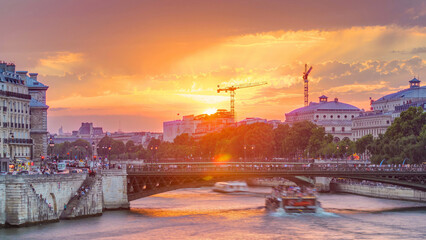 Le Pont D'Arcole bridge at sunset with boats timelapse, Paris, France, Europe © HyperlapsePro