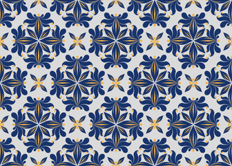 Seamless floral tile pattern in Mediterranean style with navy blue and yellow elements. Geometric ornamental light background perfect for textiles, wallpapers, ceramic tiles, an