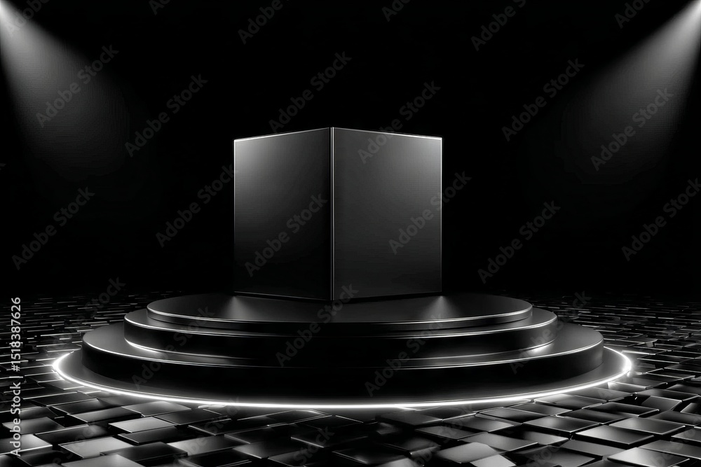Poster a 3d object on a modern dark space geometric studio show stand is presented with an abstract light o