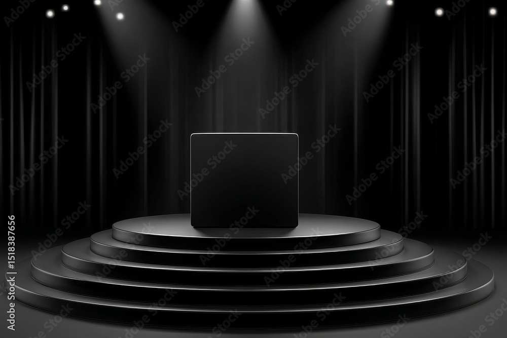 Poster the luxury showcase features a black product on an empty cube podium stage with a minimal presentati
