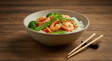 Bowl of asian food with chopsticks on wooden table