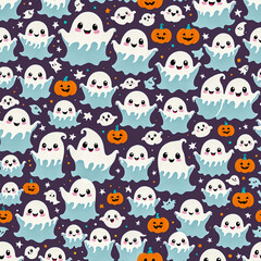 Naklejka premium Kawaii ghost pattern with trick-or-treat bags, playful Halloween design