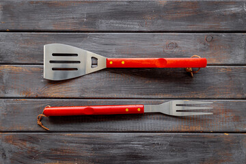 Steel barbecue and grill tools, top view. Equipment for picnic