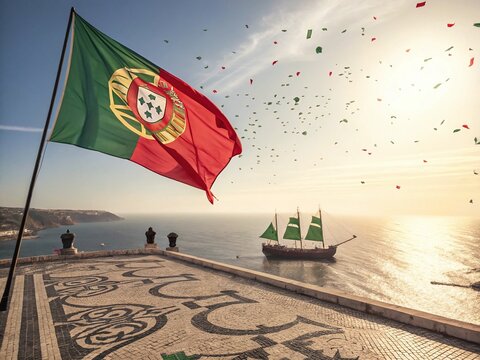 Portugal Day 10 June celebration flag with green red confetti coastal sky - Powered by Adobe