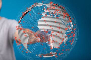 3D rendering of a hand interacting with a digital global network.  Perfect for technology,...