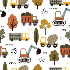 Seamless vector pattern with whimsical hand-drawn cars in soft neutral tones. Perfect for baby clothes, nursery decor, textiles, packaging, and kids’ projects. Includes EPS file.