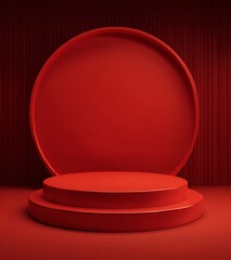 Minimal show presentation pedestal platform isolated empty studio stand geometric backdrop with luxury red podium product display stage 3d floor background and premium blank banner modern mockup