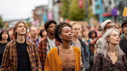 Fototapeta premium A crowd of people are standing in a street