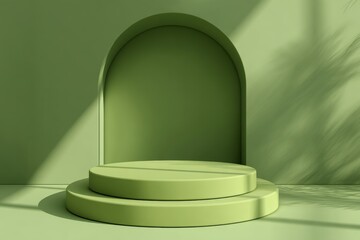 Modern cosmetic show advertising features a minimal green podium product presentation with a 3d background and empty pedestal stage display mockup scene platform stand on a modern natural exhibition