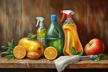 high definition view of still life of various cleaning products