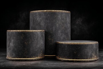 A premium advertising award or sale display features an elegant studio platform with a gold and black luxury 3d stage presentation product on a golden dark stone empty pedestal against a cosmetic
