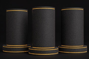 Luxury 3d stage presentation features a gold and black podium with a premium product display on a golden dark stone empty pedestal against an elegant studio backdrop of marble stand for cosmetic