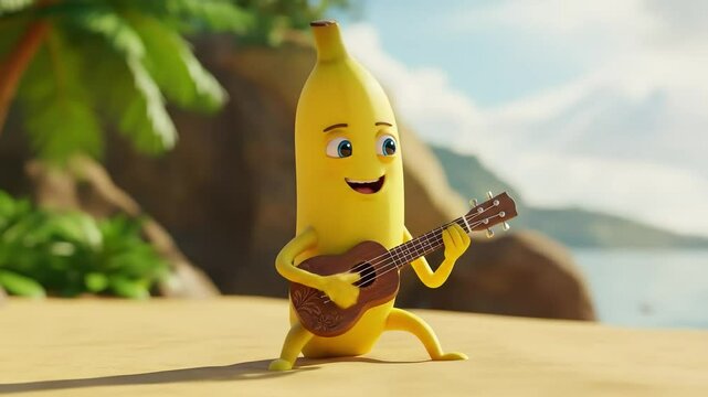 Happy banana playing ukulele on beach