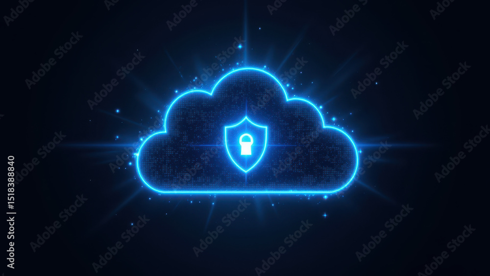 Poster cybersecurity icon with cloud and shield graphics.