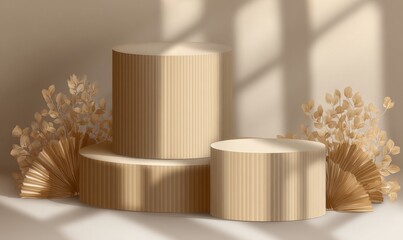 A wooden platform with an abstract shadow and minimal light serves as a 3D display background for a product podium, set against a natural summer backdrop in a studio, ideal for cosmetic advertising