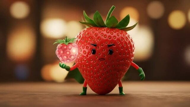 Cartoon strawberry character holding a raspberry