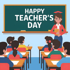 Happy Teacher's Day Classroom Scene with Teacher and Students
