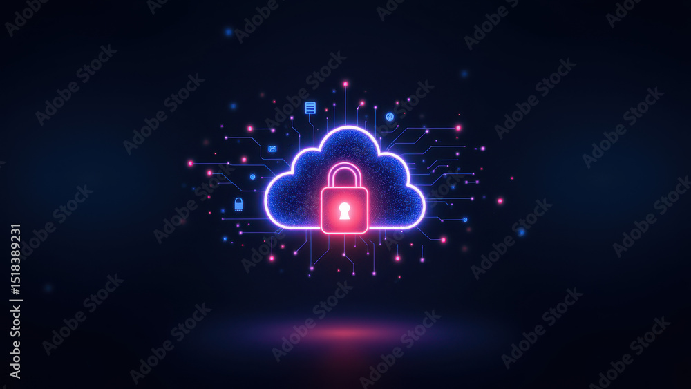 Poster cybersecurity icon with a cloud lock in the center of connected dots.