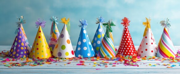 The Colorful Party Hats on a Table With Confetti and Celebration Vibes