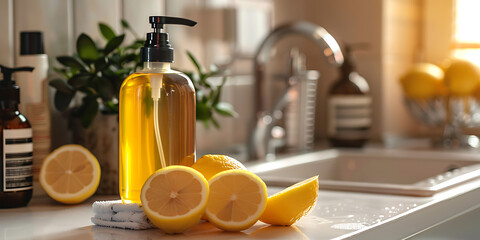 Golden Liquid Soap Bottle with Fresh Lemons on Countertop
