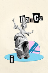 Poster art collage of people move ancient dance on round floor pastel background