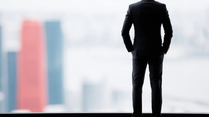 An elegant businessman in a stylish black suit thoughtfully gazes out of a large office window at the cityscape contemplating future success and goals ahead.