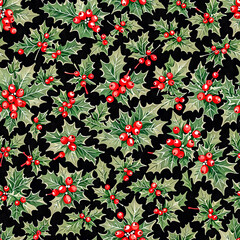 Seamless pattern of holly leaves and berries on black background  
