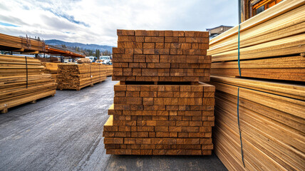 Stacks of lumber at outdoor timber yard on cloudy day with mountains in background