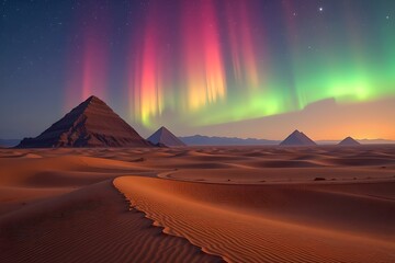 desert landscape with pyramid shaped dunes and aurora sky, bright and dreamy