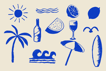 Set of Summer Grunge Elements Abstract Hand Drawn Style.