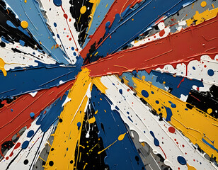 Dynamic abstract painting featuring bold, intersecting bands and splatters of color. Dominant hues include red, blue, yellow, and black, forming a radial pattern emanating from the center. 