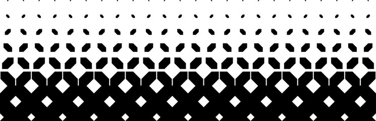 Geometric pattern of black prisms on a white background.Seamless in one direction. Option with a Short fade out.The Scale transformation method.