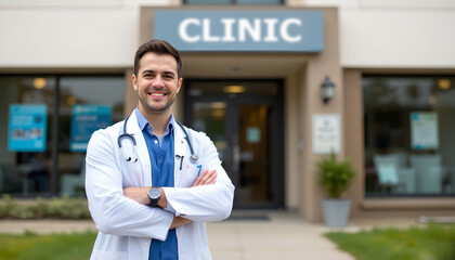 confident healthcare entrepreneur standing in front of clinic building