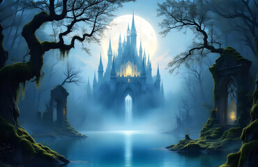 A grand, spired castle stands illuminated against a full moon, surrounded by a misty forest. 