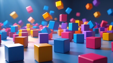 Obraz premium Studio-lit environment filled with vibrant 3D cubes in random scattered layout