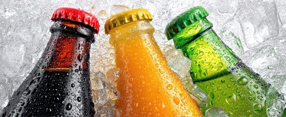 The Colorful Bottles of Refreshing Beverages Surrounded by Ice.