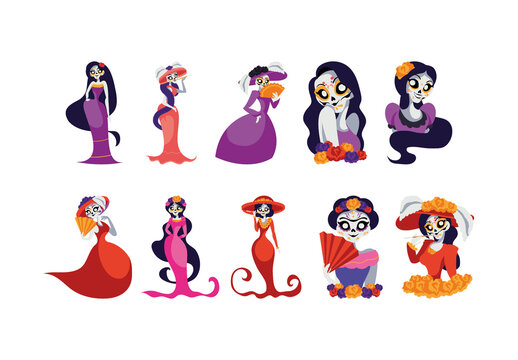 Colorful Catrina Mexican Female Skull Mexico Culture Traditional Illustrations Set