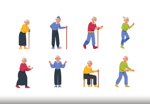 Colorful Elderly People Characters Illustrations Set