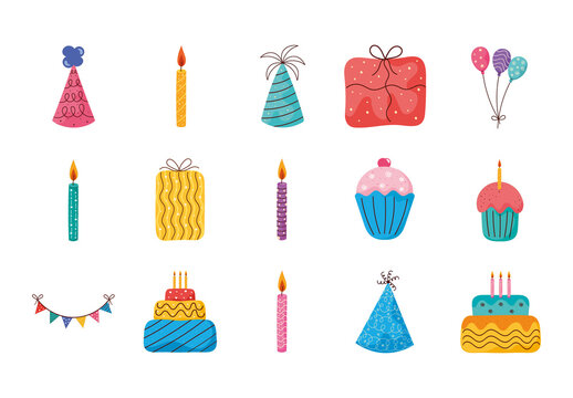 Colorful Happy Birthday Doodle Party Decoration Illustrations Set