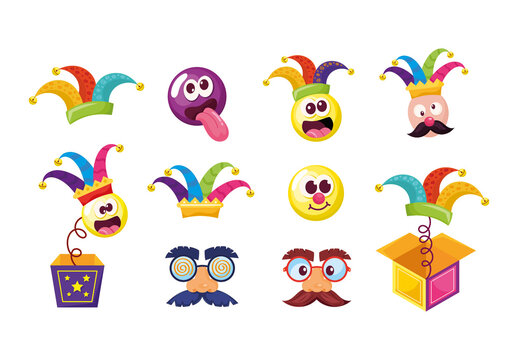 Colorful Fools Day Celebration Carnival Humor Illustrations Set
