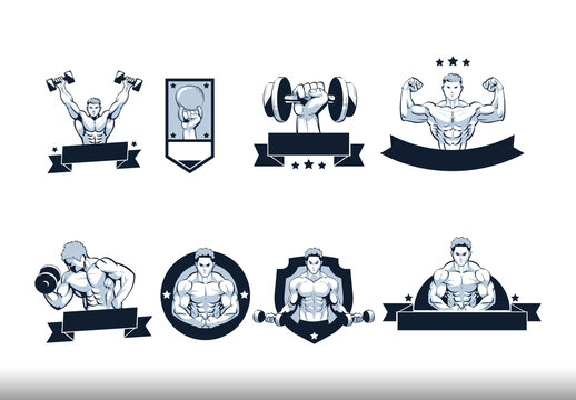 Black And White Gym Fitness Emblem Illustrations Set