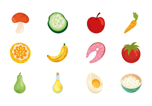 Colorful Healthy Food Diet Ingredient Illustrations Set
