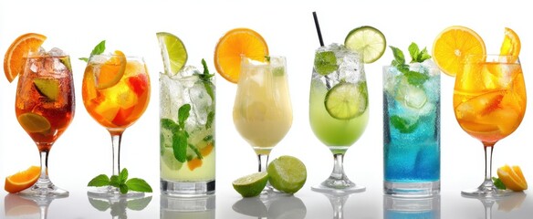 The vibrant assortment of refreshing cocktails with fruits and mint garnishes.