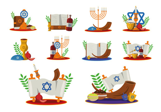 Colorful Yom Kippur Jewish Celebration Illustrations Set