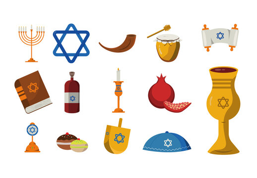 Colorful Yom Kippur Jewish Elements Celebration Illustrations Set